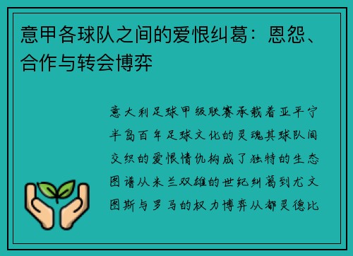 意甲各球队之间的爱恨纠葛：恩怨、合作与转会博弈